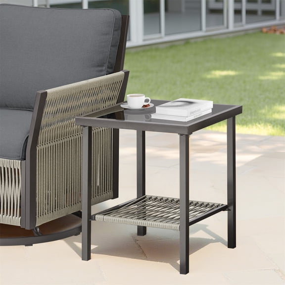 Hommoo Outdoor Wicker Side Table, Rattan Patio Table Square End Table for Pool Balcony Deck Porch Lawn Backyard, Dark Gray