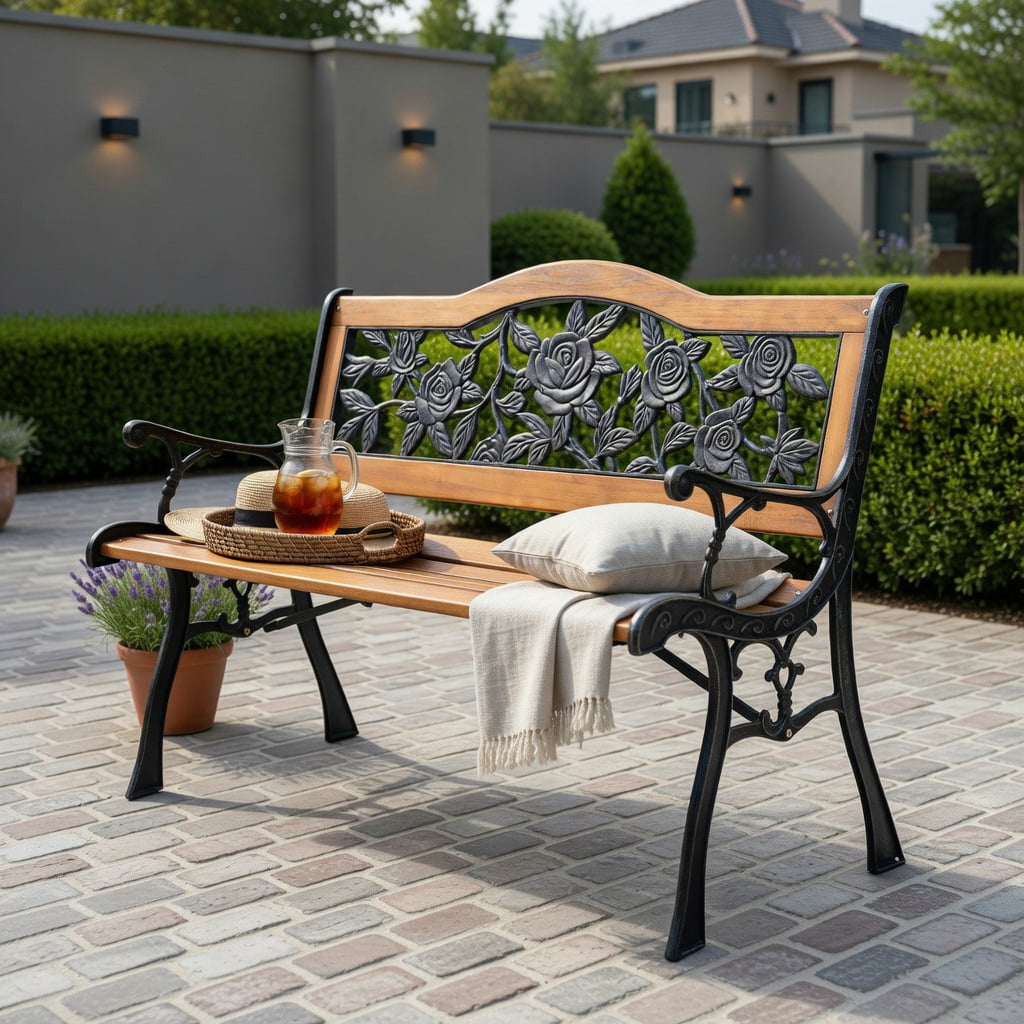 Hommoo Outdoor Wooden Garden Bench Loveseat with Powder-Coated Iron Frame, Heavy, Rust-Resistant, Easy Assembly, Black + Natural