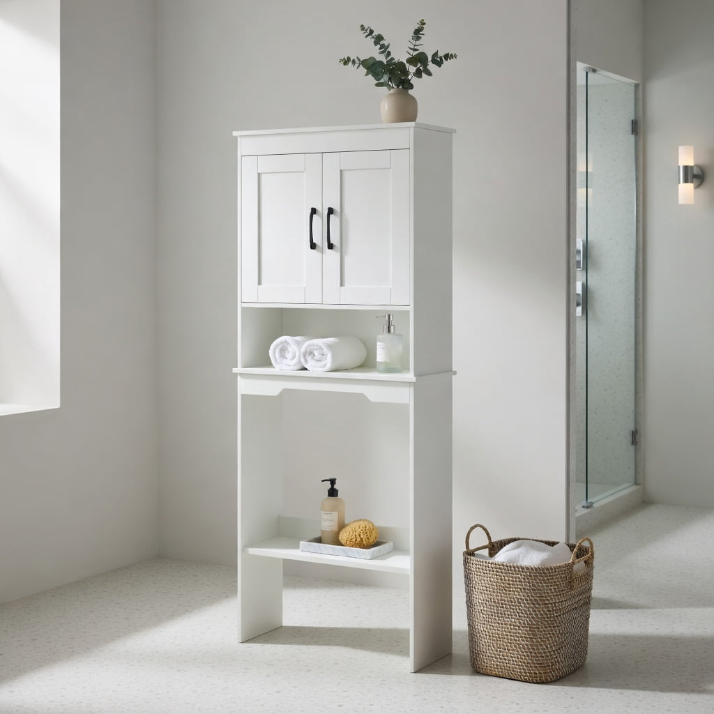 Hommoo Over-Toilet Bathroom Organizer Cabinet, Space-Saving Storage Unit with Adjustable Shelf, Soft-Close Hinges & Wall Anchors for Small Bathrooms, White