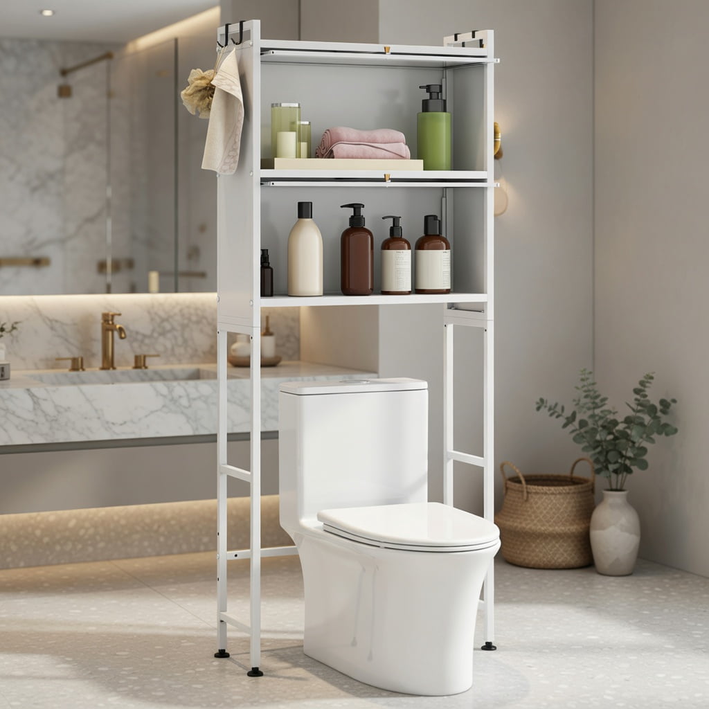 Hommoo Over-the-Toilet Storage Cabinet with Flip-Up Doors, Adjustable Height & Wall-Safe Design, Bathroom Organizer for Shampoo, Toiletries & Towels, White