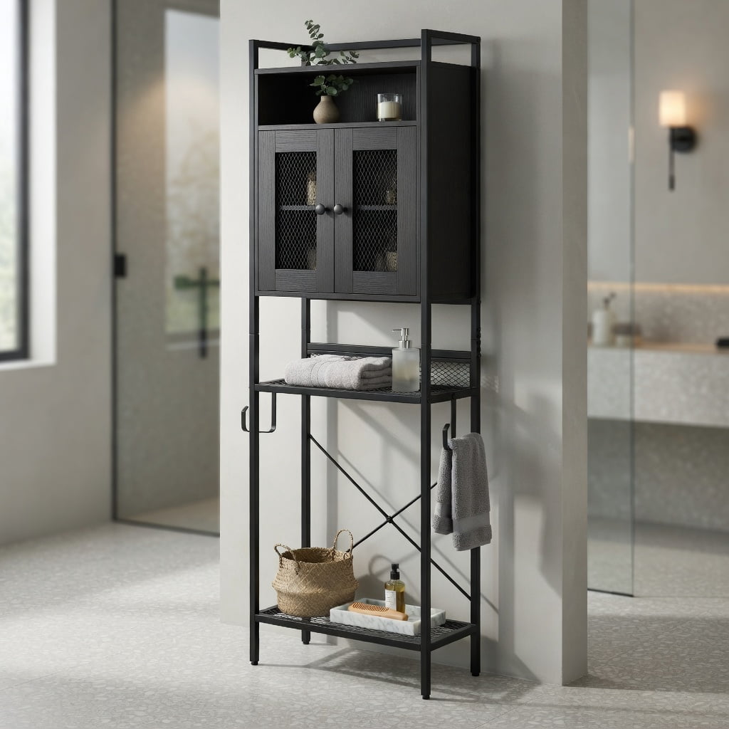 Hommoo Over-the-Toilet Storage Cabinet with Heavy-Duty Metal Frame, Farmhouse Freestanding Bathroom Organizer Adjustable Shelves, Wall-Safe Anti-Tip Design, Black