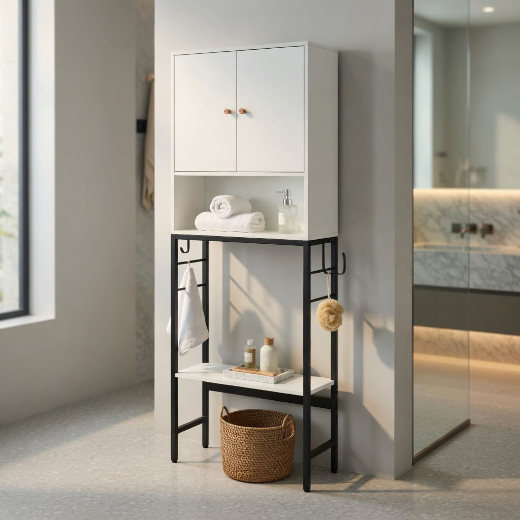 Hommoo Over the Toilet Storage Cabinet with 2 Doors & Adjustable Shelf, Space-Saving Bathroom Organizer for Toilets, White