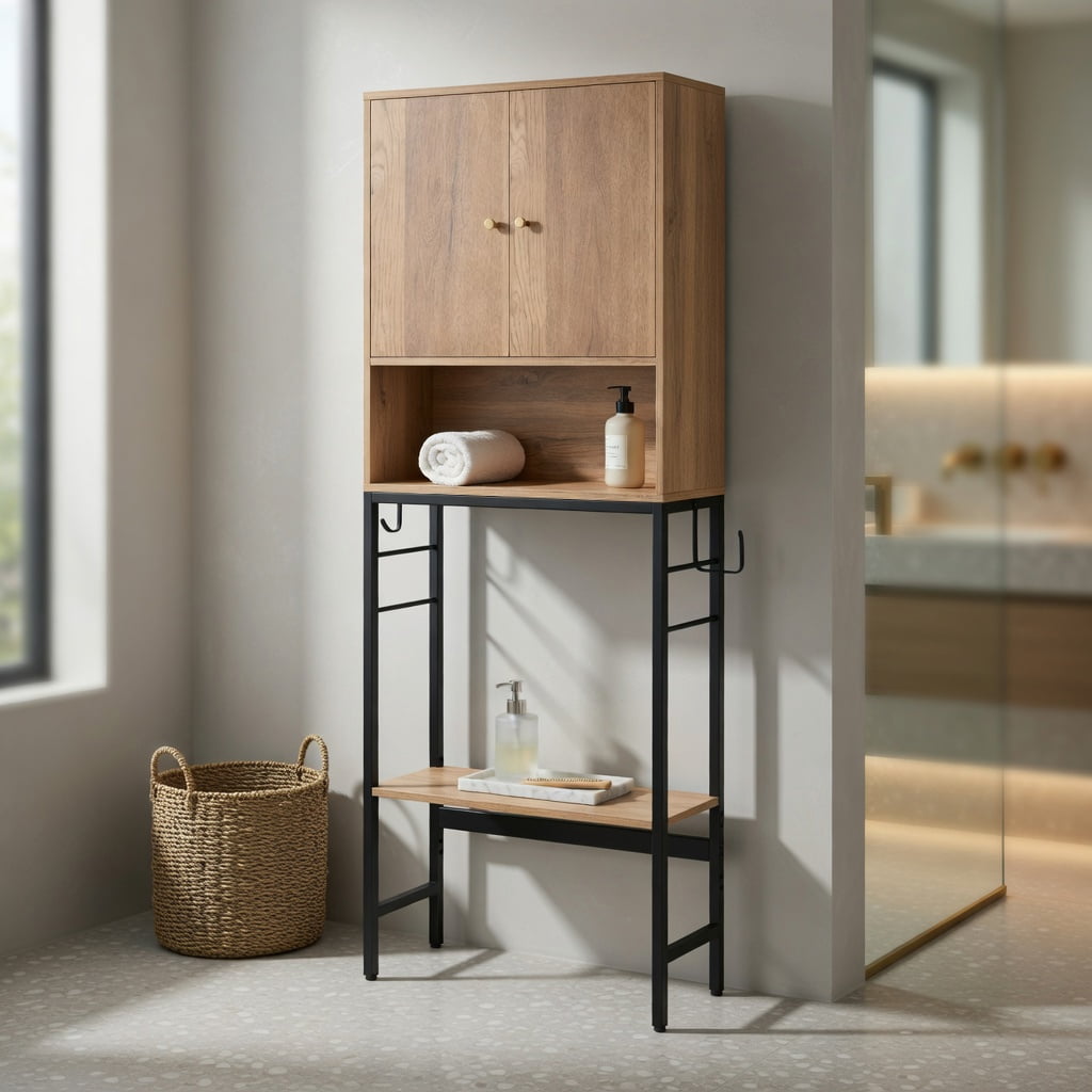 Hommoo Over the Toilet Storage Cabinet with 2 Doors & Adjustable Shelf Woodgrain Finish, Space-Saving Bathroom Organizer for Toilets, Natural