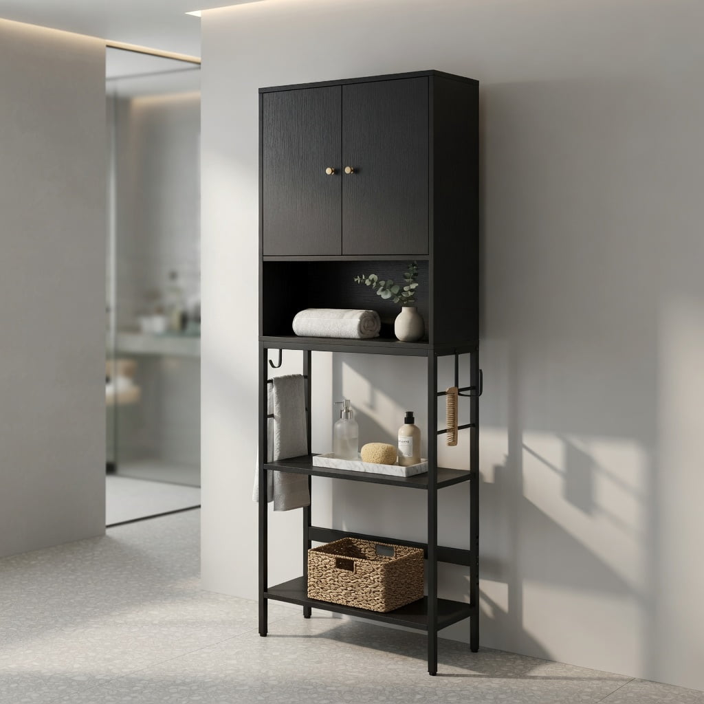 Hommoo Over the Toilet Storage Cabinet with Adjustable Shelf, 2-Door Bathroom Organizer, Black