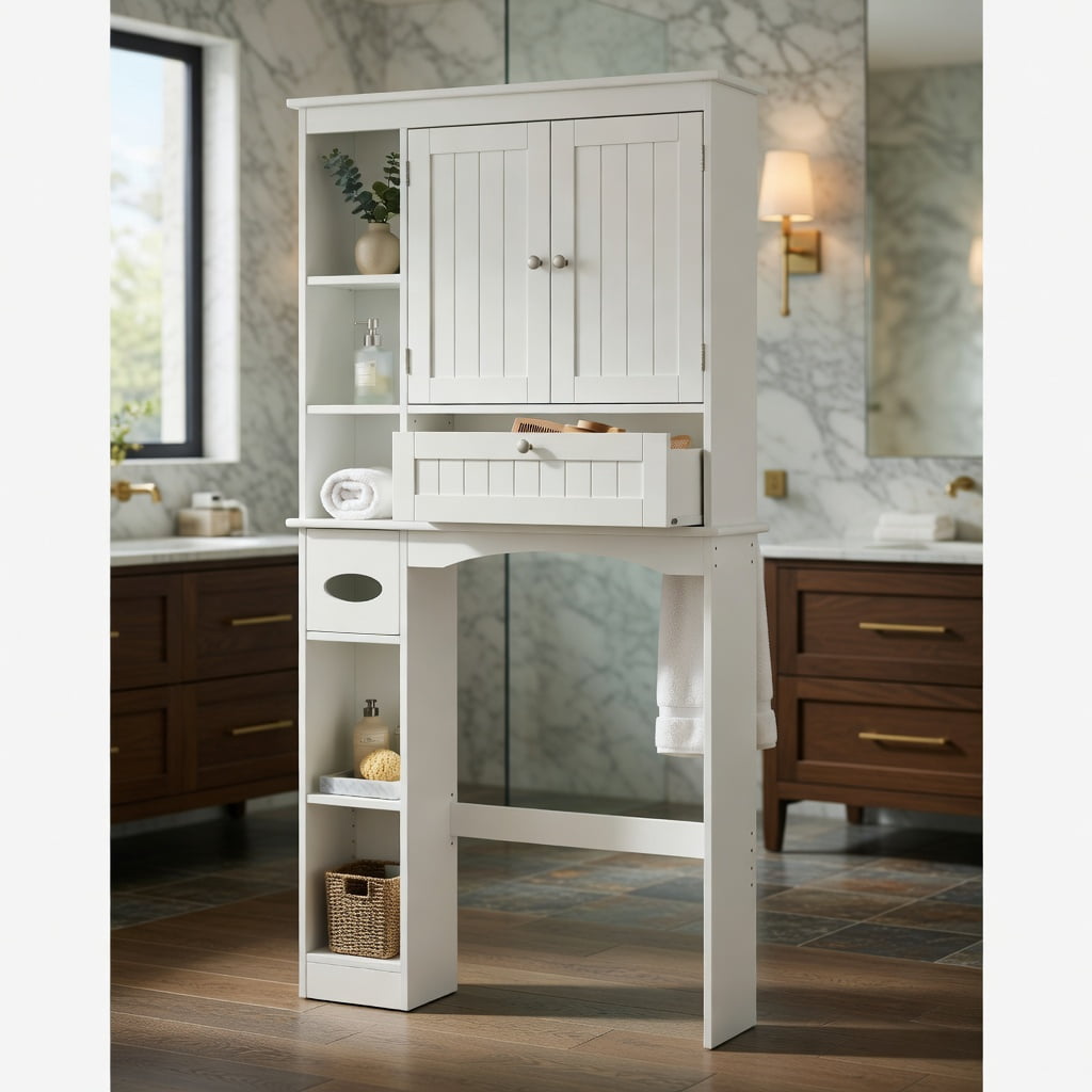 Hommoo Over the Toilet Storage Cabinet with Adjustable Shelf & Bottom Bar, Modern Bathroom Organizer for Small Spaces, White