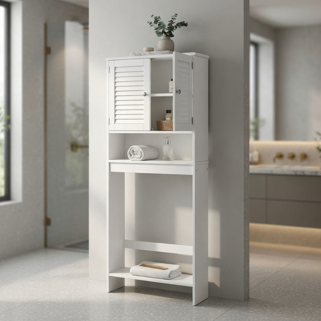 Hommoo Over the Toilet Storage Cabinet with Adjustable Shelf, Double Louvered Doors, MDF Bathroom Organizer for Small Spaces, White
