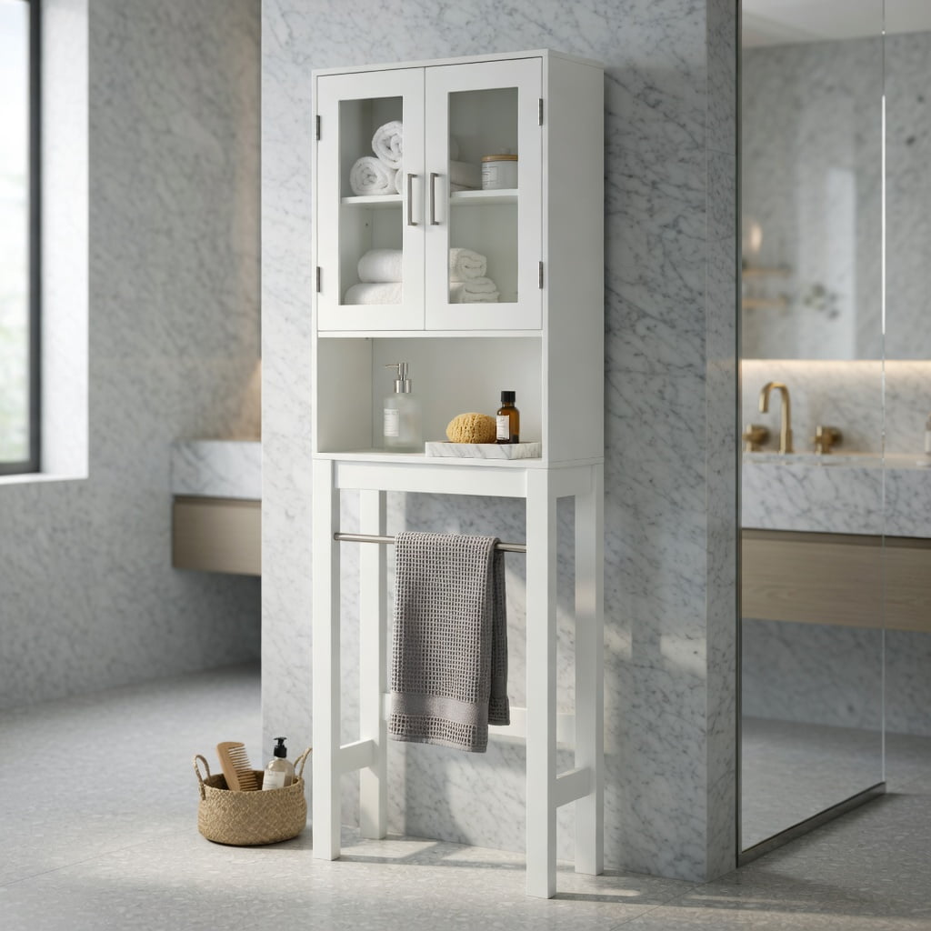 Hommoo Over the Toilet Storage Cabinet with Adjustable Shelves, Bathroom Space Saver Cabinet for Small Bathrooms, Laundry Room & Powder Rooms, White