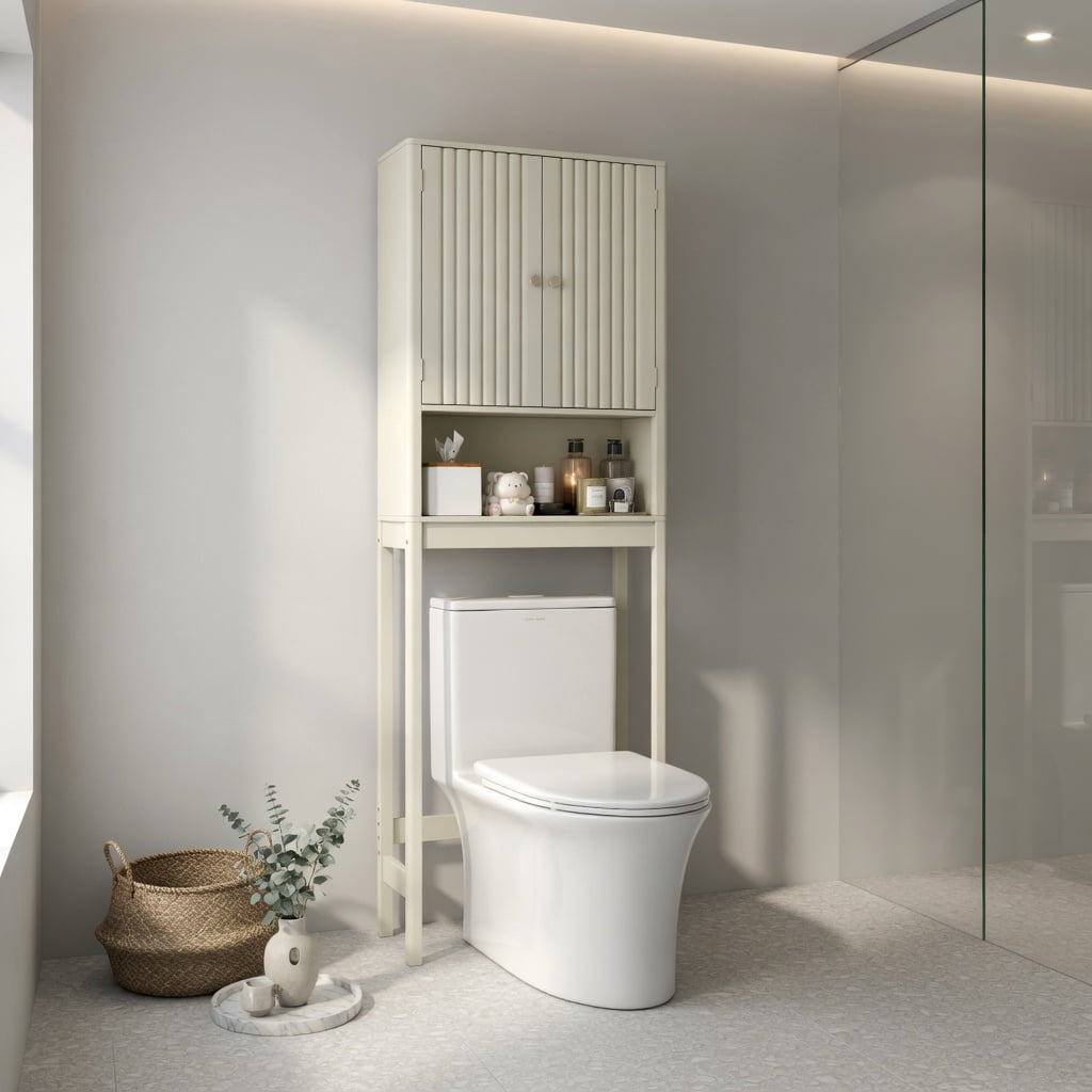 Hommoo Over-the-Toilet Storage Cabinet with Fluted Beige Doors, Adjustable Shelves & Bottom Bar, MDF Bathroom Organizer for Small Spaces, Beige