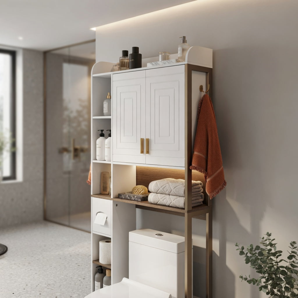 Hommoo Over-the-Toilet Storage Cabinet with LED Lighting, Adjustable Shelves & Wall-Mount Safety Kit, Freestanding Bathroom Organizer, White