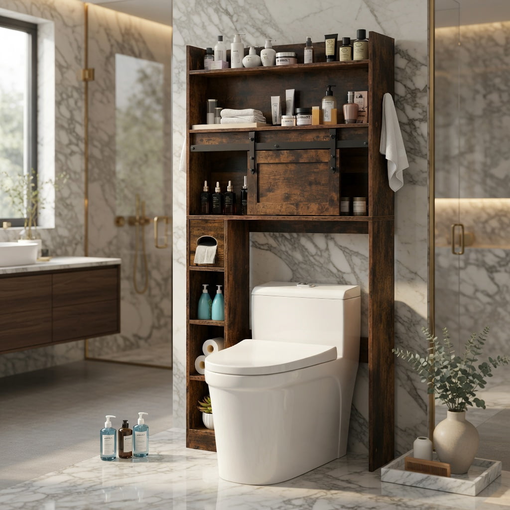 Hommoo Over-the-Toilet Storage Cabinet with Sliding Barn Door, Adjustable Shelves Bathroom Organizer for Small Spaces, Rustic Brown