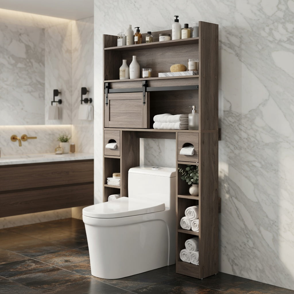 Hommoo Over-the-Toilet Storage Cabinet with Sliding Barn Door, Adjustable Shelves & Toilet Paper Holder, Gray