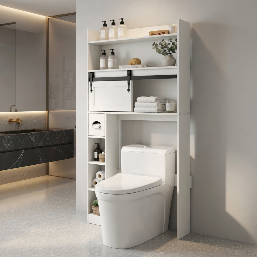 Hommoo Over-the-Toilet Storage Cabinet with Sliding Barn Door, Adjustable Shelves & Toilet Paper Holder, White