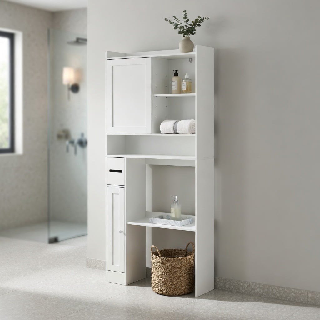 Hommoo Over-the-Toilet Storage Cabinet with Sliding Door, MDF Bathroom Organizer, Adjustable Shelves & Wall-Safe Anti-Tip Design, White
