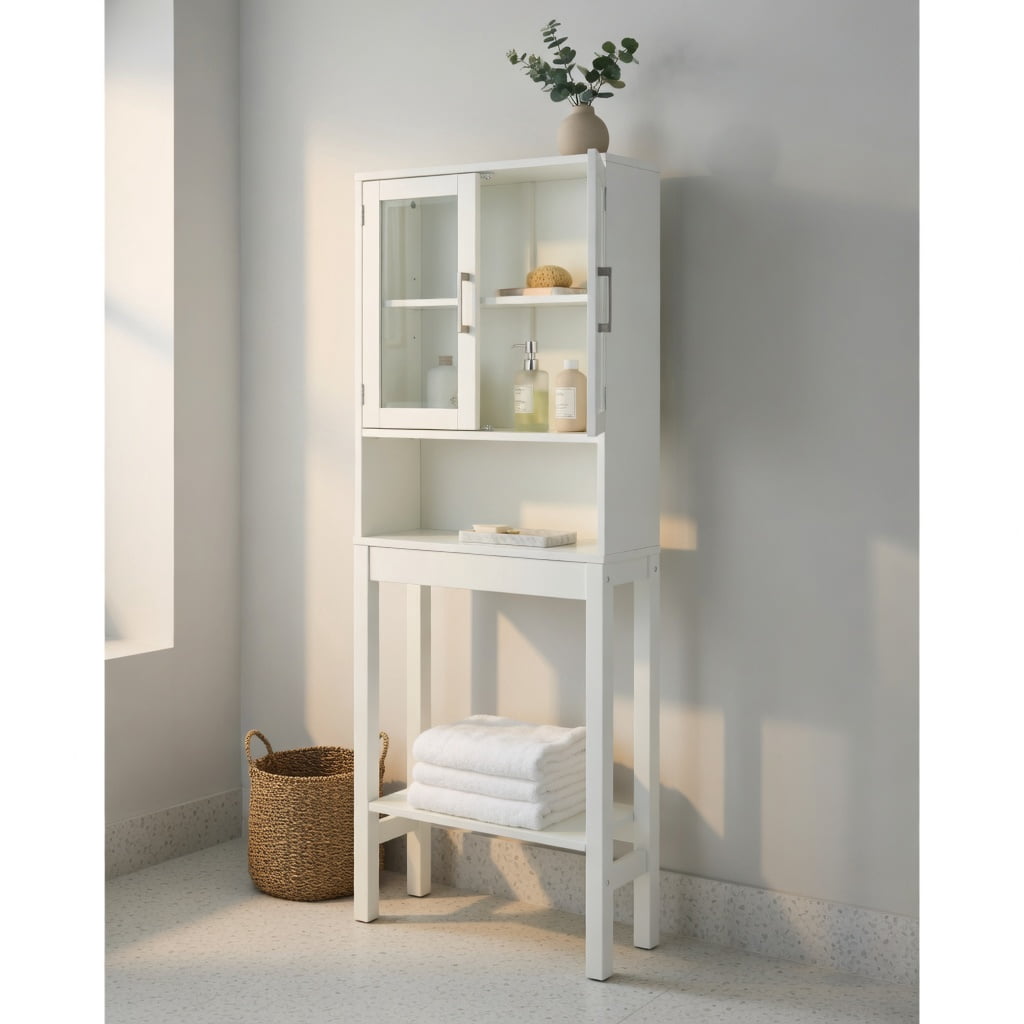 Hommoo Over the Toilet Storage Cabinet with Tempered Glass Doors, Bathroom Space Saver, Adjustable Shelf, Wall-Safe Anti-Tip Design, White