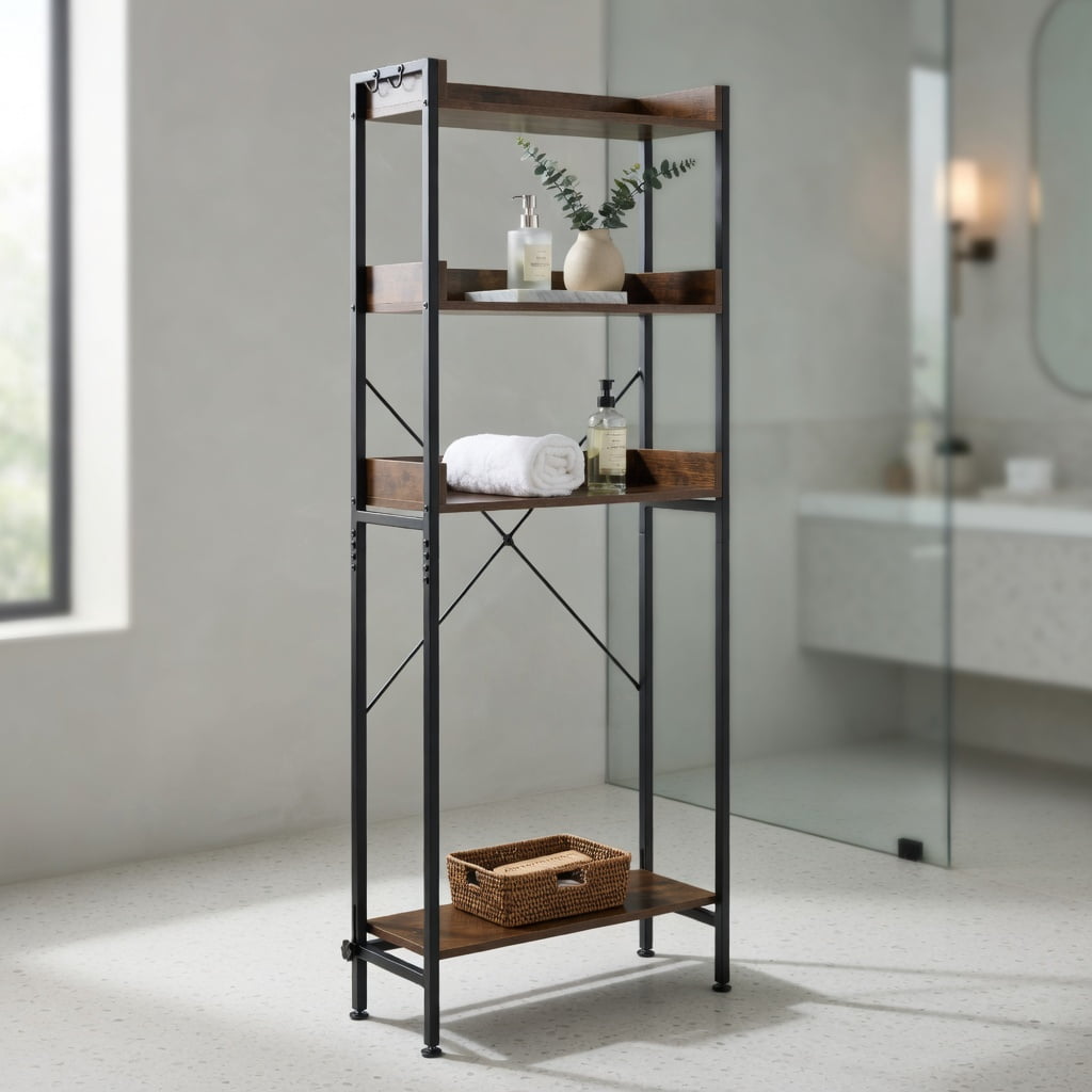 Hommoo Over-the-Toilet Storage Rack with Adjustable Bottom Bar, 3-Tier Metal and Engineered Wood Bathroom Organizer with Hooks and Anti-Tip Safety Features, Rustic Brown