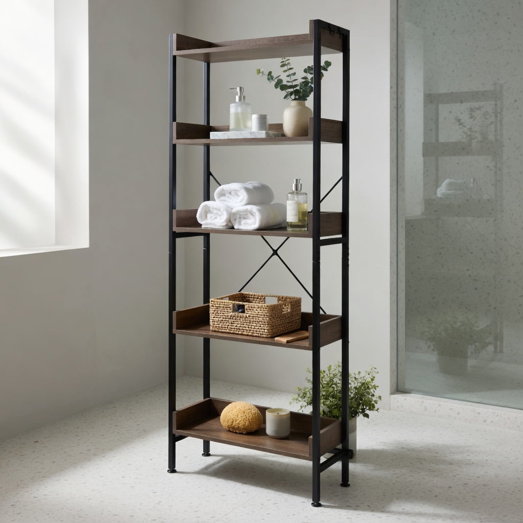 Hommoo Over-the-Toilet Storage Rack with Adjustable Bottom Bar, 3-Tier Metal & Engineered Wood Shelf Unit with Hooks, Rustic Grey