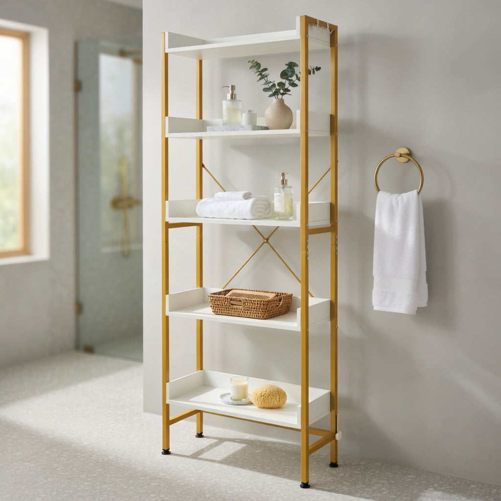 Hommoo Over-the-Toilet Storage Rack with Adjustable Bottom Bar, 3-Tier Open Shelves & Dual Side Hooks, White