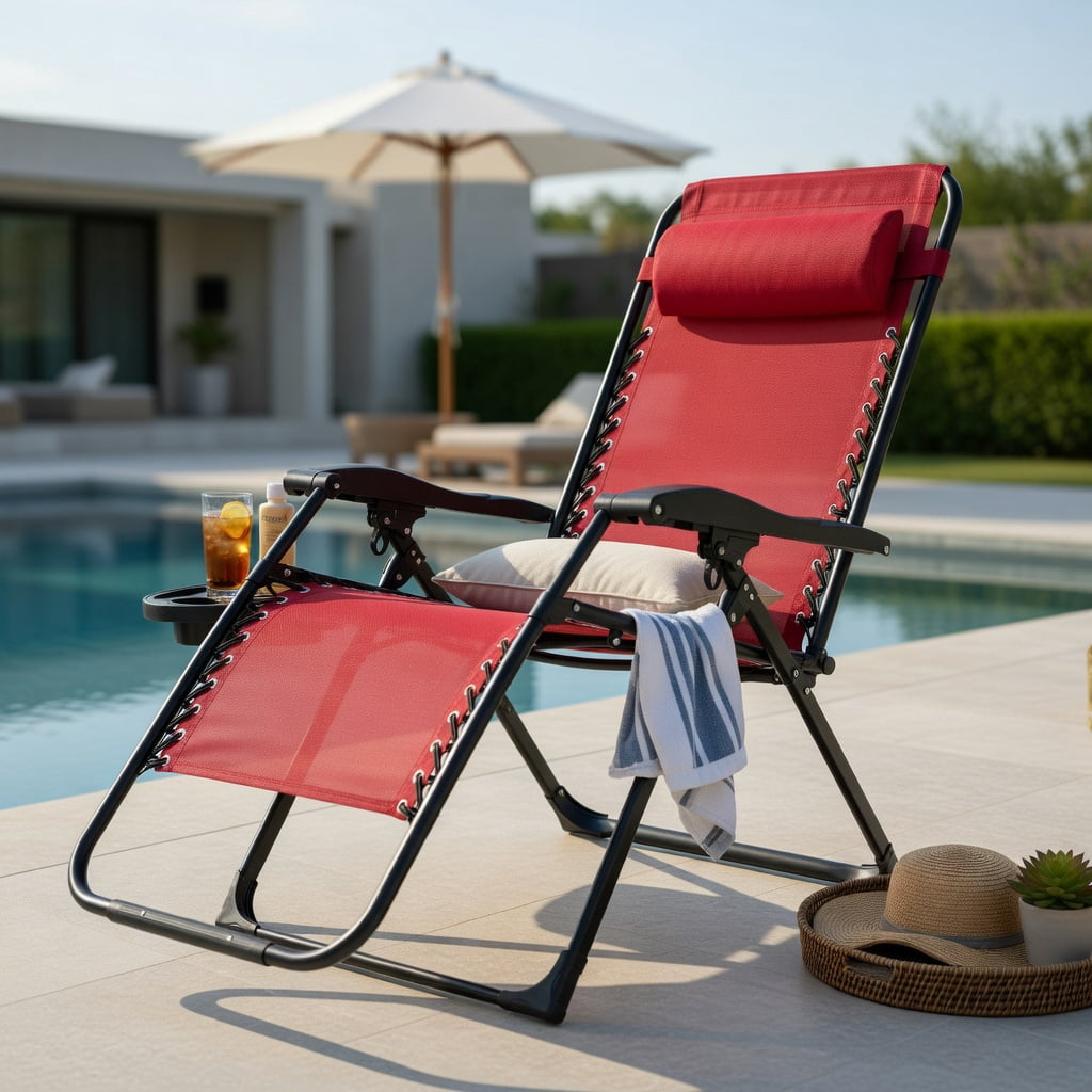 Hommoo Oversize Zero Gravity Folding Lounge Chair for Patio, Heavy Duty Breathable Waterproof Fabric, Adjustable Recliner with Cup Holder & Headrest Pillow, Dark Red