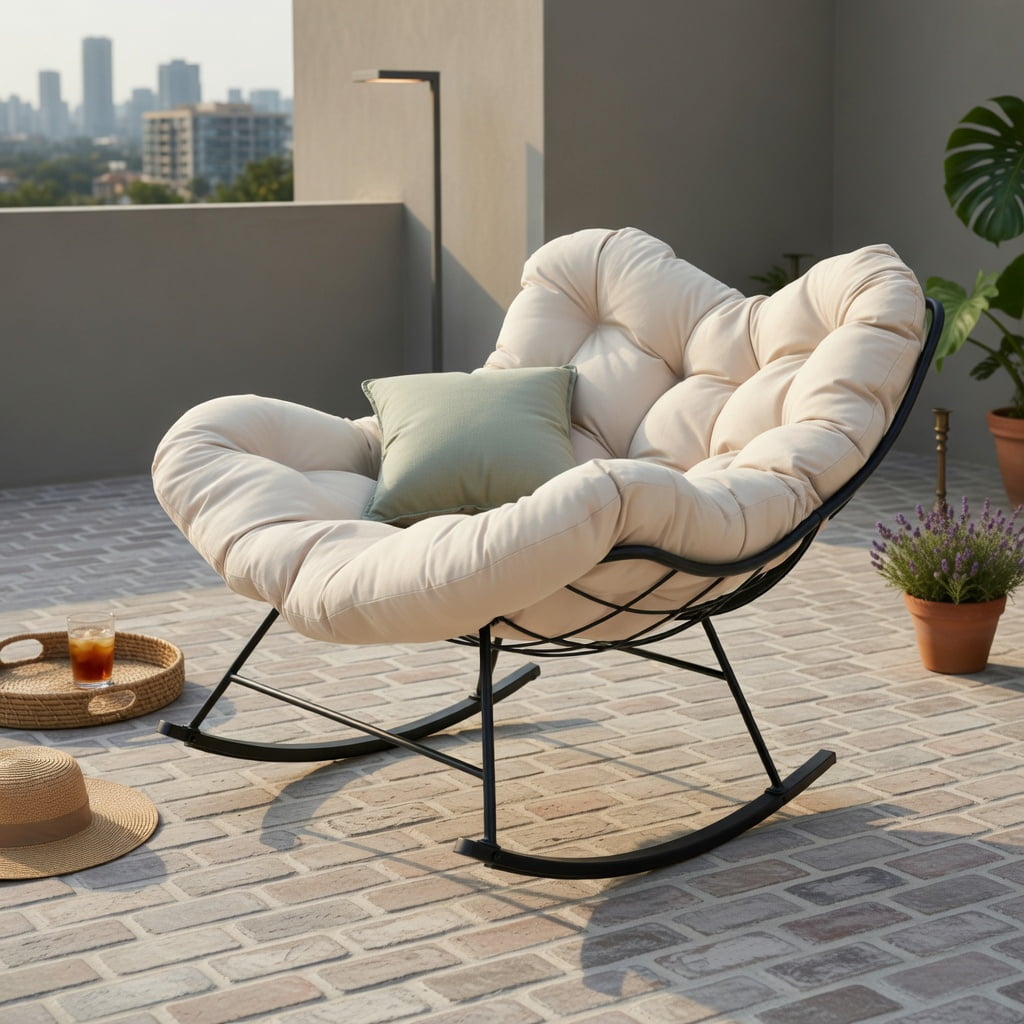 Hommoo Oversized Egg Papasan Rocking Chair with Thick Padded Cushion & Black Powder-Coated Metal Frame, Indoor/Outdoor Patio, Porch, Poolside Seating, Beige