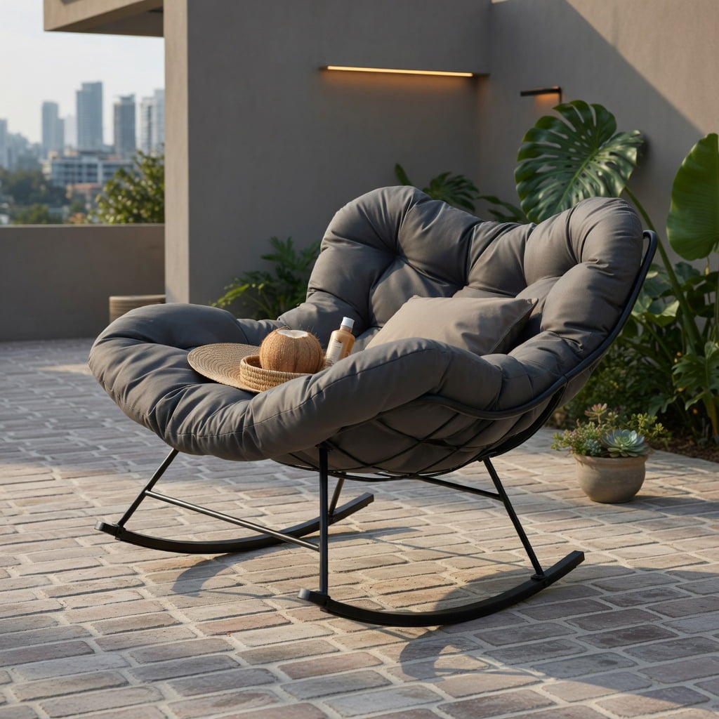 Hommoo Oversized Egg Papasan Rocking Chair with Thick Padded Cushion, Indoor/Outdoor Patio Lounge Chair, Gray