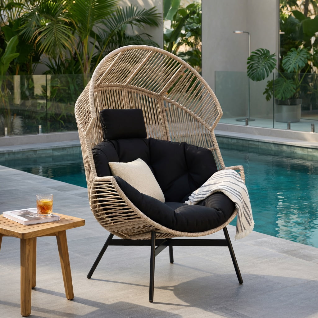 Hommoo Oversized Wicker Egg Chair with Thick Cushions, Headrest, and Heavy-Duty Metal Frame, Indoor/Outdoor Lounge Seating, Black