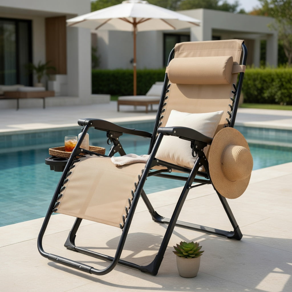 Hommoo Oversized Zero Gravity Lounge Chair with Cup Holder & Headrest Pillow, Heavy-Duty Outdoor Recliner for Backyard, Pool, Garden, Beige