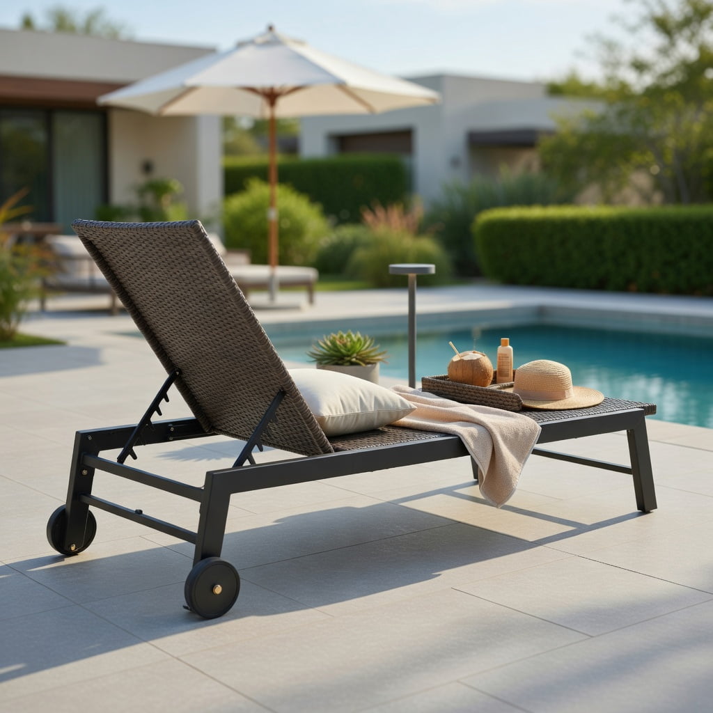 Hommoo PE Rattan Chaise Lounge Chair with 5-Position Adjustable Backrest, Heavy-Duty Steel Frame, Rolling Wheels, Woven Outdoor Recliner for Patio, Poolside & Deck, Brown