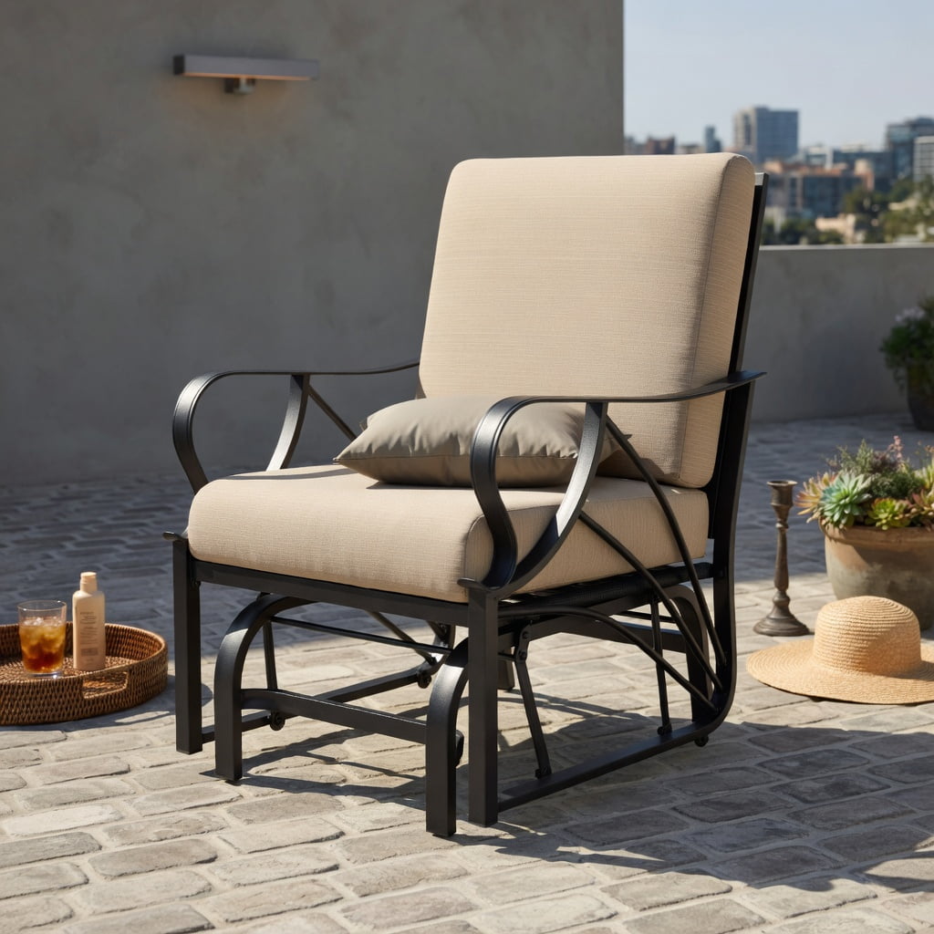 Hommoo Patio Glider Rocking Chair with Thick Padded Cushion, Curved Armrests & Sturdy Metal Frame, Outdoor Relaxation Seating for Deck, Porch or Garden, Black