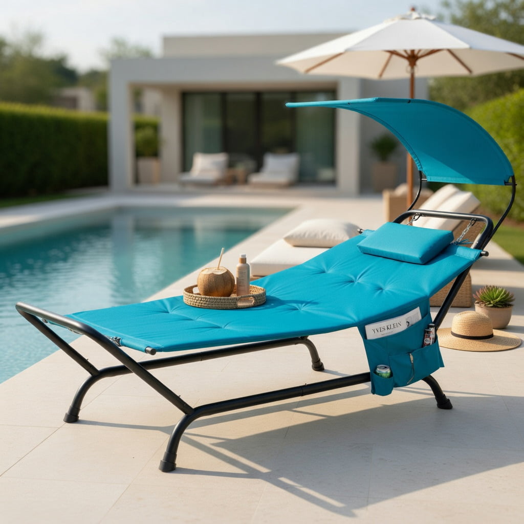 Hommoo Patio Hanging Chaise Lounge Chair with Sun-Proof Canopy, Thick Cushion & Pillow, Rust-Resistant Metal Frame, Outdoor Swing Chair for Deck, Balcony, Poolside, Navy