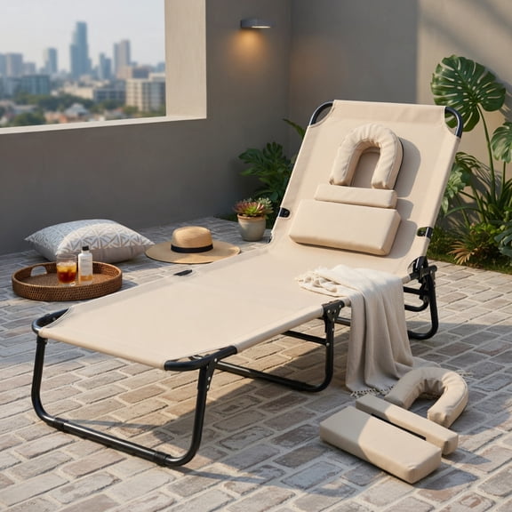 Hommoo Portable Folding Face-Down Tanning Chair with Adjustable Backrest, 3 Removable Pillows & Face Hole, Beige