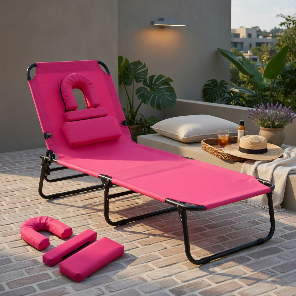 Hommoo Portable Folding Face-Down Tanning Chair with Adjustable Backrest, 3 Removable Zippered Pillows & Face Hole, Pink