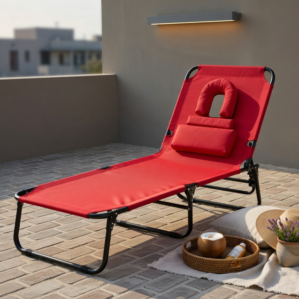 Hommoo Portable Folding Face-Down Tanning Chair with Adjustable Backrest, 3 Removable Zippered Pillows, Heavy-Duty Oxford Fabric, Red