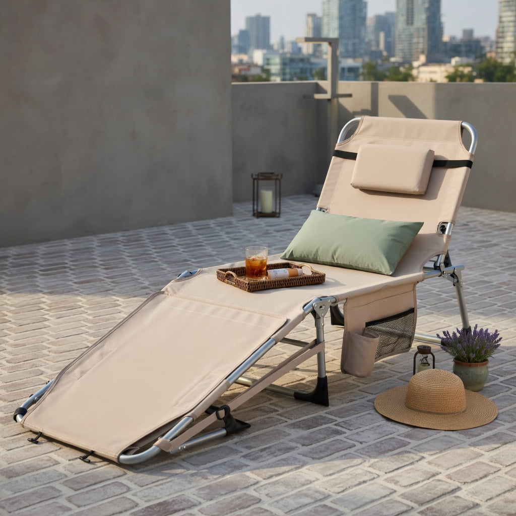 Hommoo Portable Folding Tanning Chair with Adjustable Backrest, Face Hole & Arm Openings, Lightweight Sunbathing Lounger for Beach, Pool & Backyard, Beige