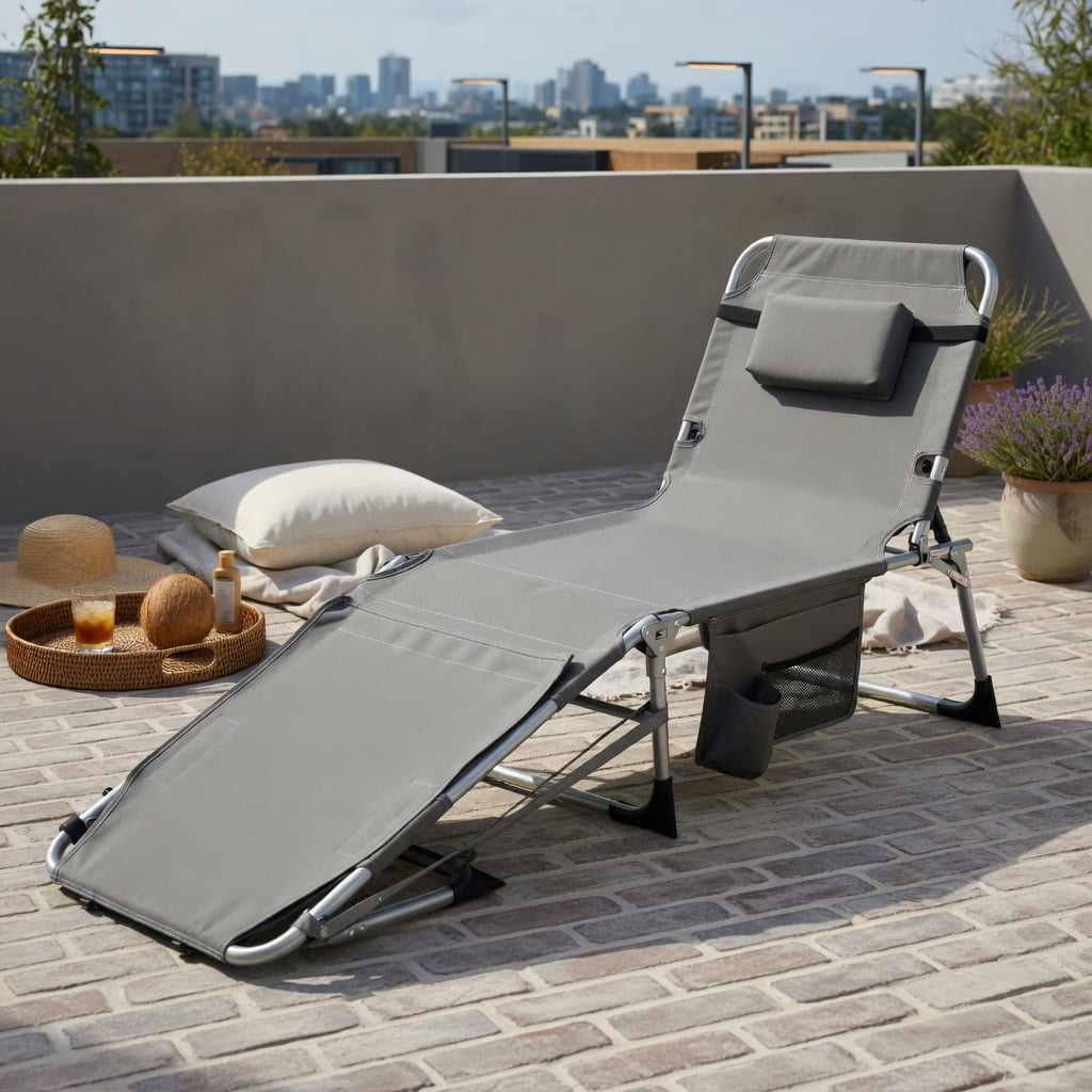 Hommoo Portable Folding Tanning Chair with Face Hole & Adjustable Backrest， Beach Sun Lounger for Pool, Backyard, Lawn, Gray