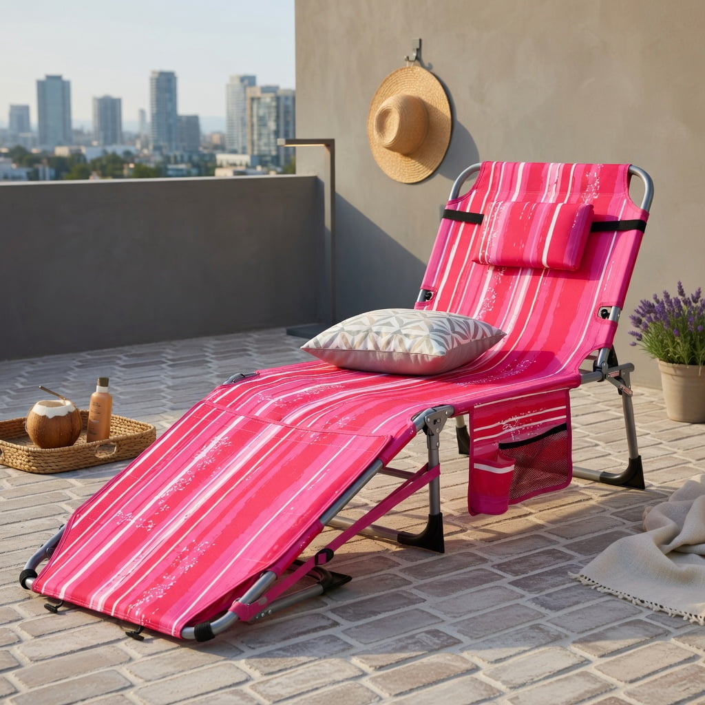 Hommoo Portable Folding Tanning Chair with Face Hole & Adjustable Backrest, Lightweight Sunbathing Lounger for Beach, Pool, Lawn, Pink Stripe