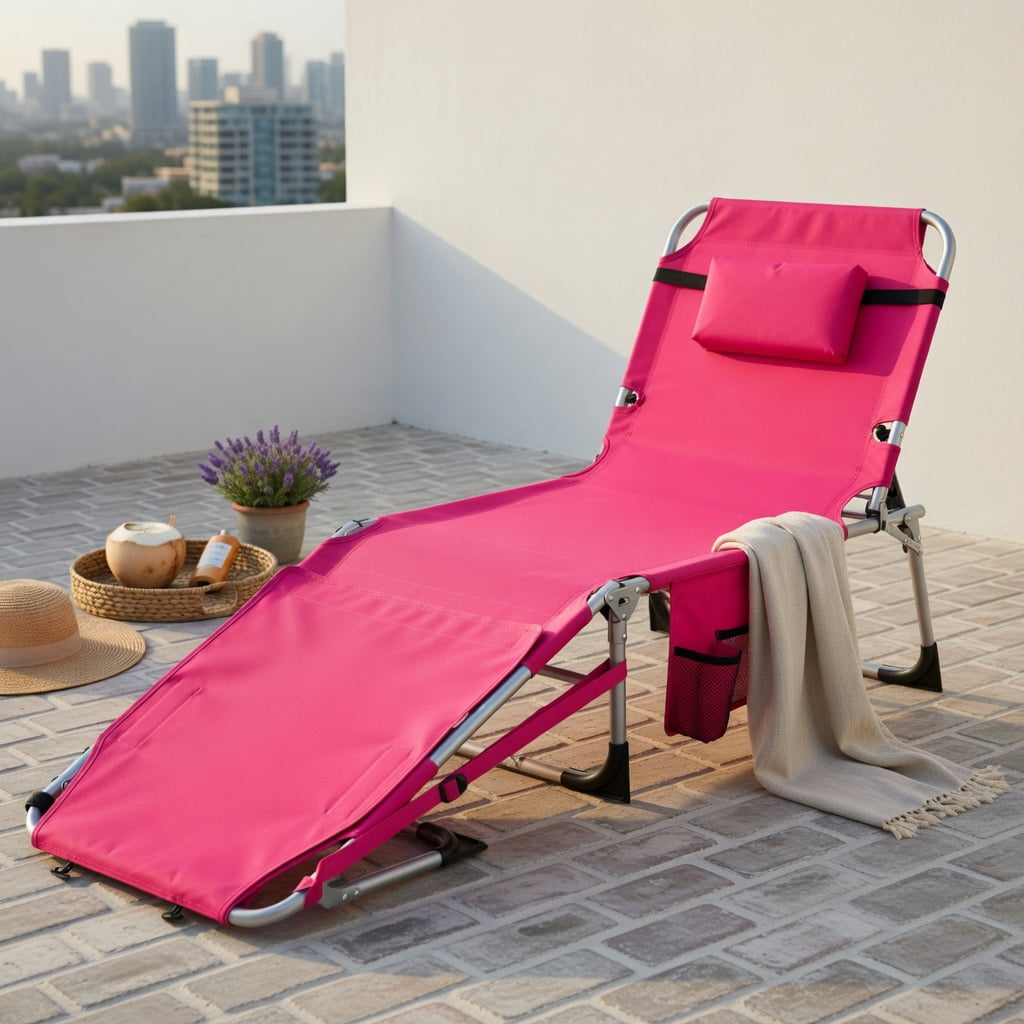 Hommoo Portable Folding Tanning Chair with Face Hole & Adjustable Backrest, Lightweight Sunbathing Lounger for Beach, Pool, and Backyard, Pink