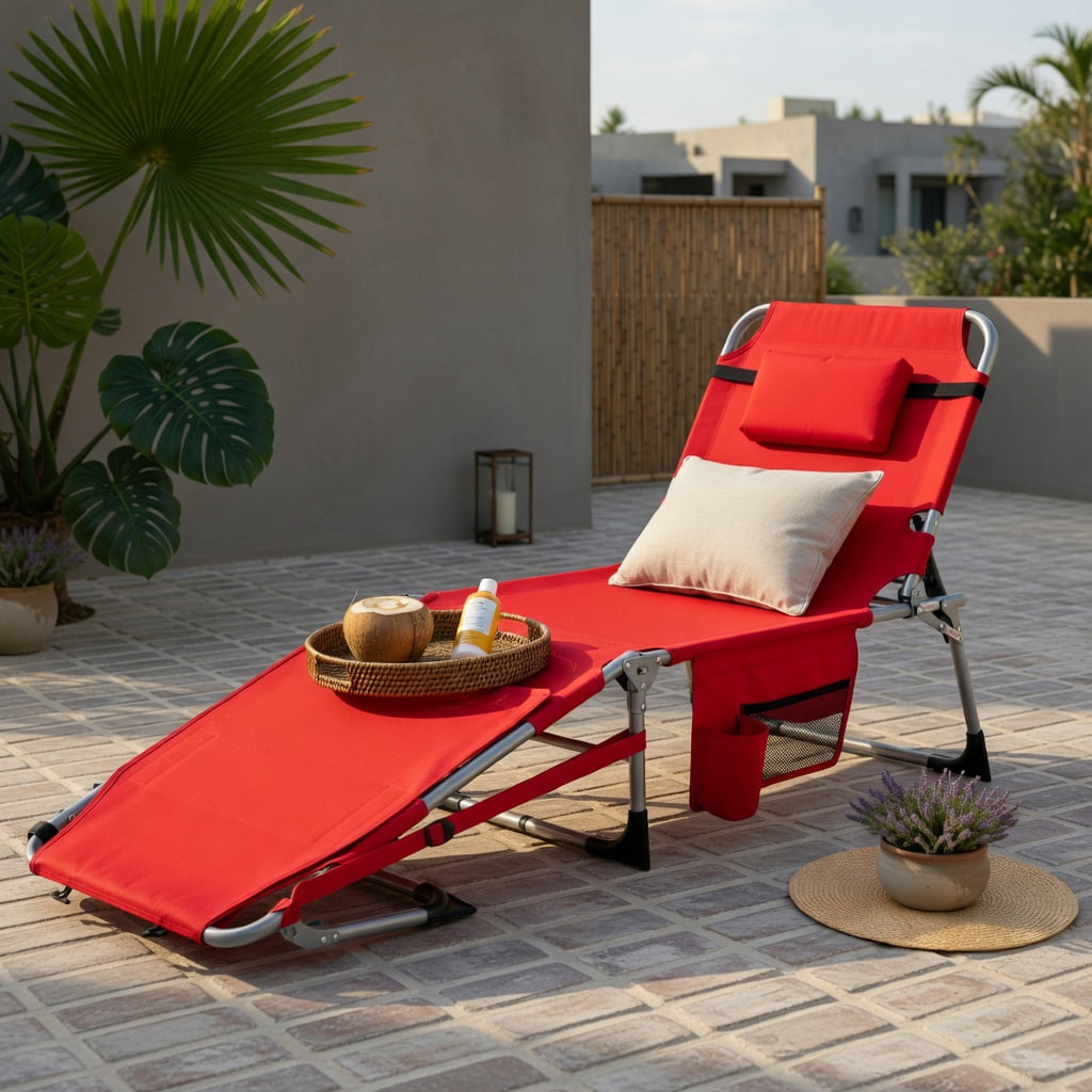 Hommoo Portable Folding Tanning Chair with Face Hole & Adjustable Backrest, UV-Resistant Oxford Fabric, Red