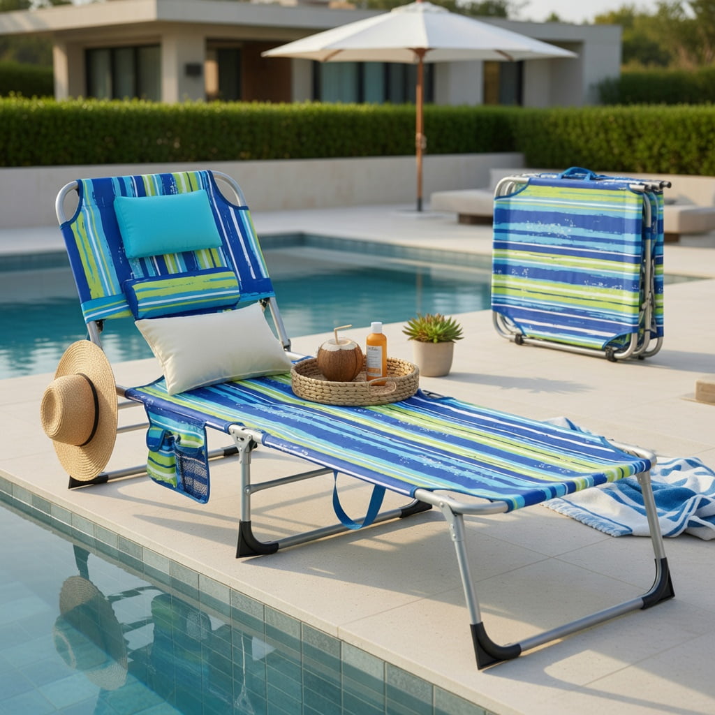 Hommoo Premium Foldable Beach Lounge Chair with Removable Pillow, Adjustable Reclining Outdoor Lounger for Beach, Pool & Patio, Blue