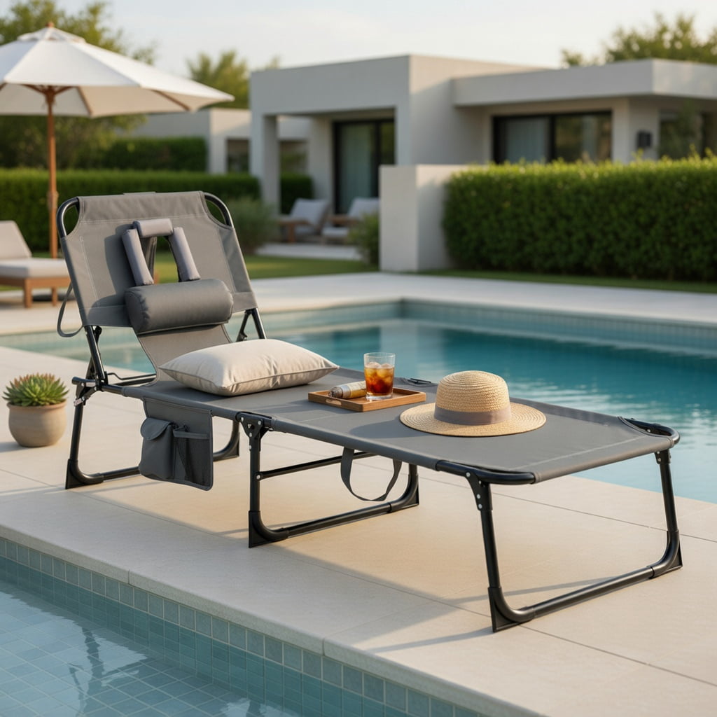 Hommoo Premium Foldable Beach Lounge Chair with Removable Pillow, Adjustable Reclining Outdoor Lounger for Beach, Pool & Patio, Gray