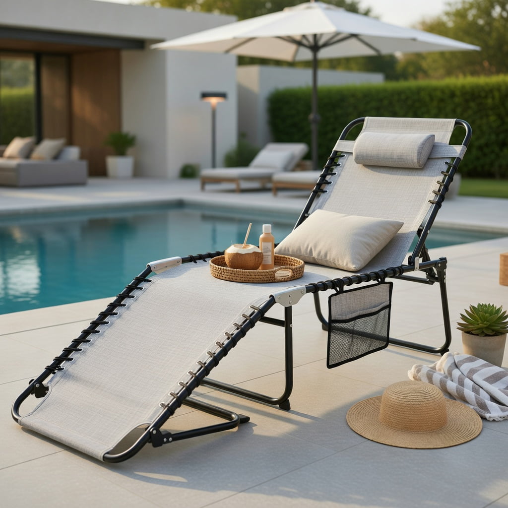 Hommoo Premium Foldable Reclining Lounge Chair, Adjustable Backrest & Footrest, Portable Outdoor Beach & Camping Chair, Gray
