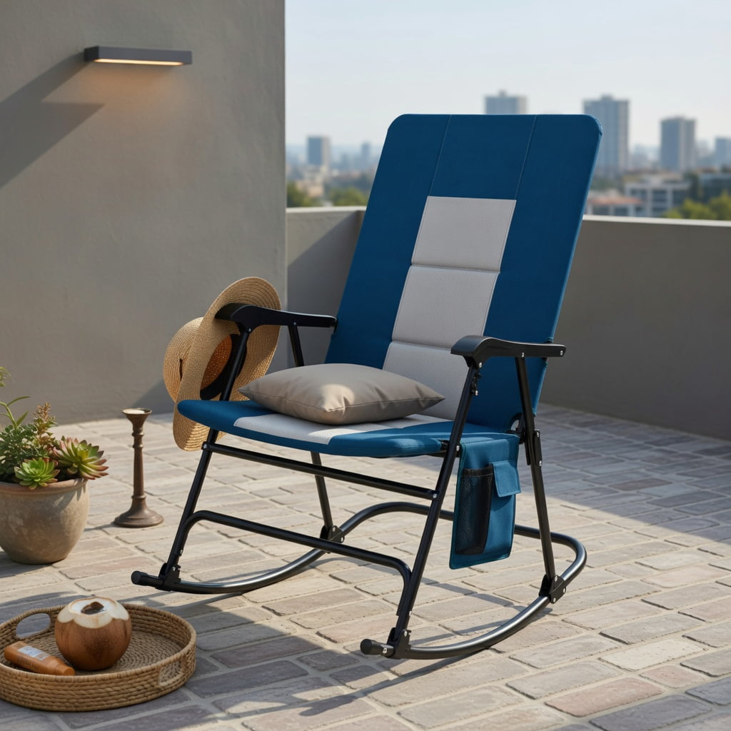 Hommoo Premium Foldable Rocking Camping Chair with Padded Backrest, Armrests, Cup Holder & Side Pocket, Outdoor Patio Chair, Navy