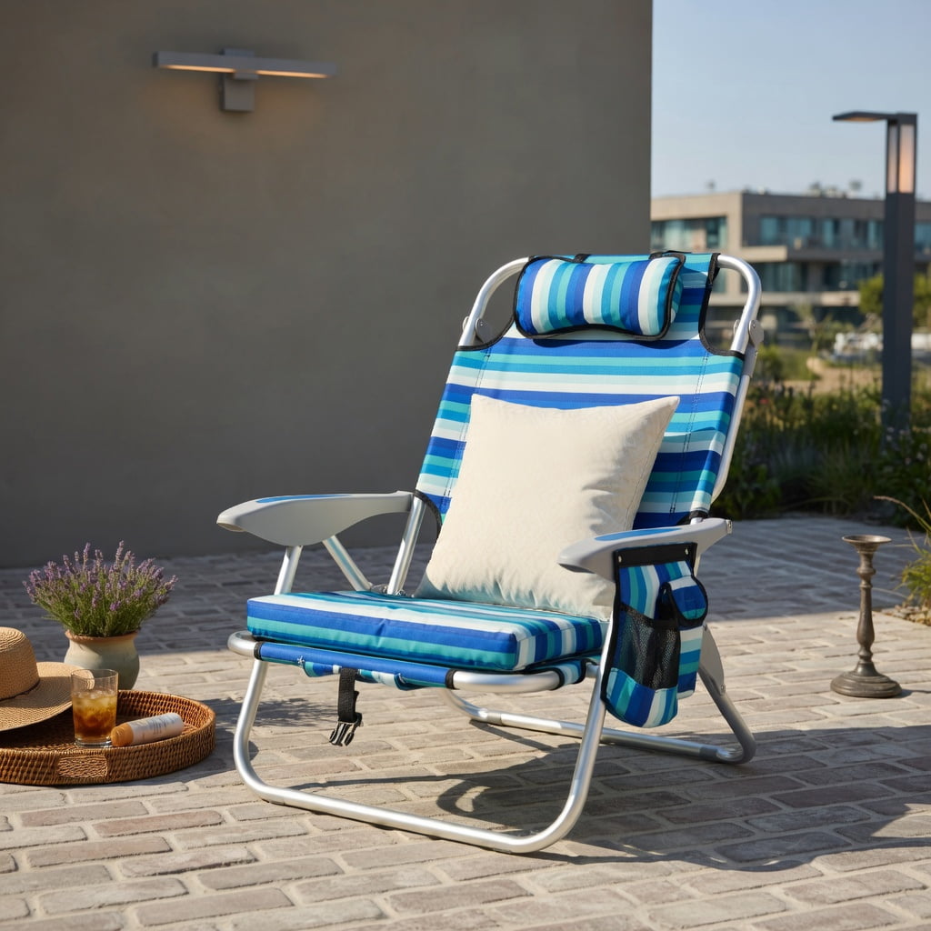 Hommoo Premium Folding Beach Chair for Adults, 4-Position Adjustable Backrest, Lightweight Aluminum Frame, Oxford Fabric Seat, Built-in Cooler Bag & Towel Bar, Blue