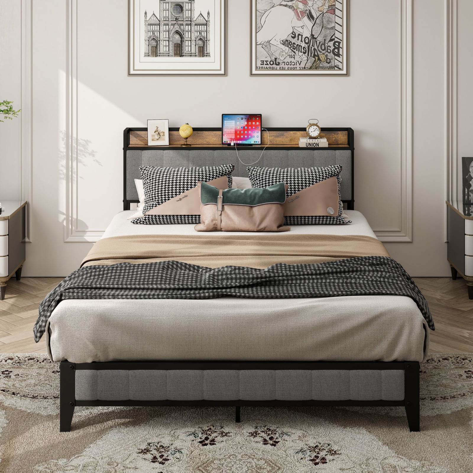 Hommoo Queen Size Bed Frame with Charging Station, Queen Size Metal Platform Bed with Upholstered Storage Headboard, Light Grey