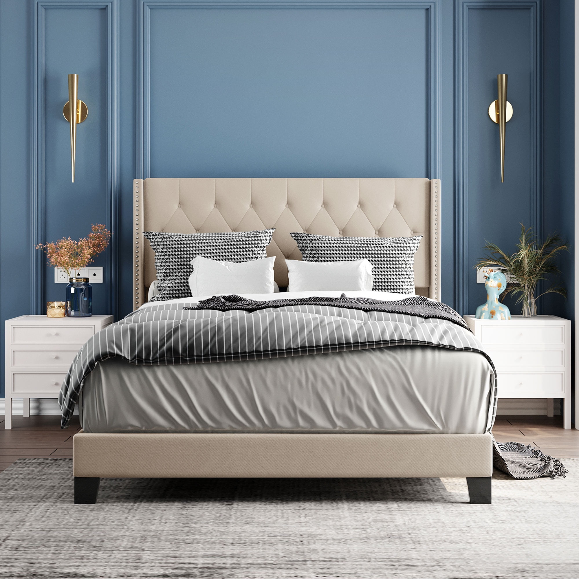 Hommoo Queen Size Platform Bed,Linen Fabric Button Tufted Wingback Upholstered Bed,High Backboard Flat Bed,Box Spring Needed,Beige
