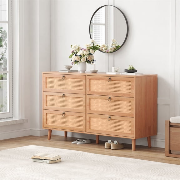 Hommoo Rattan 6 Drawer Double Dresser, Modern Storage Cabinet Chest of Drawers for Home, Natural