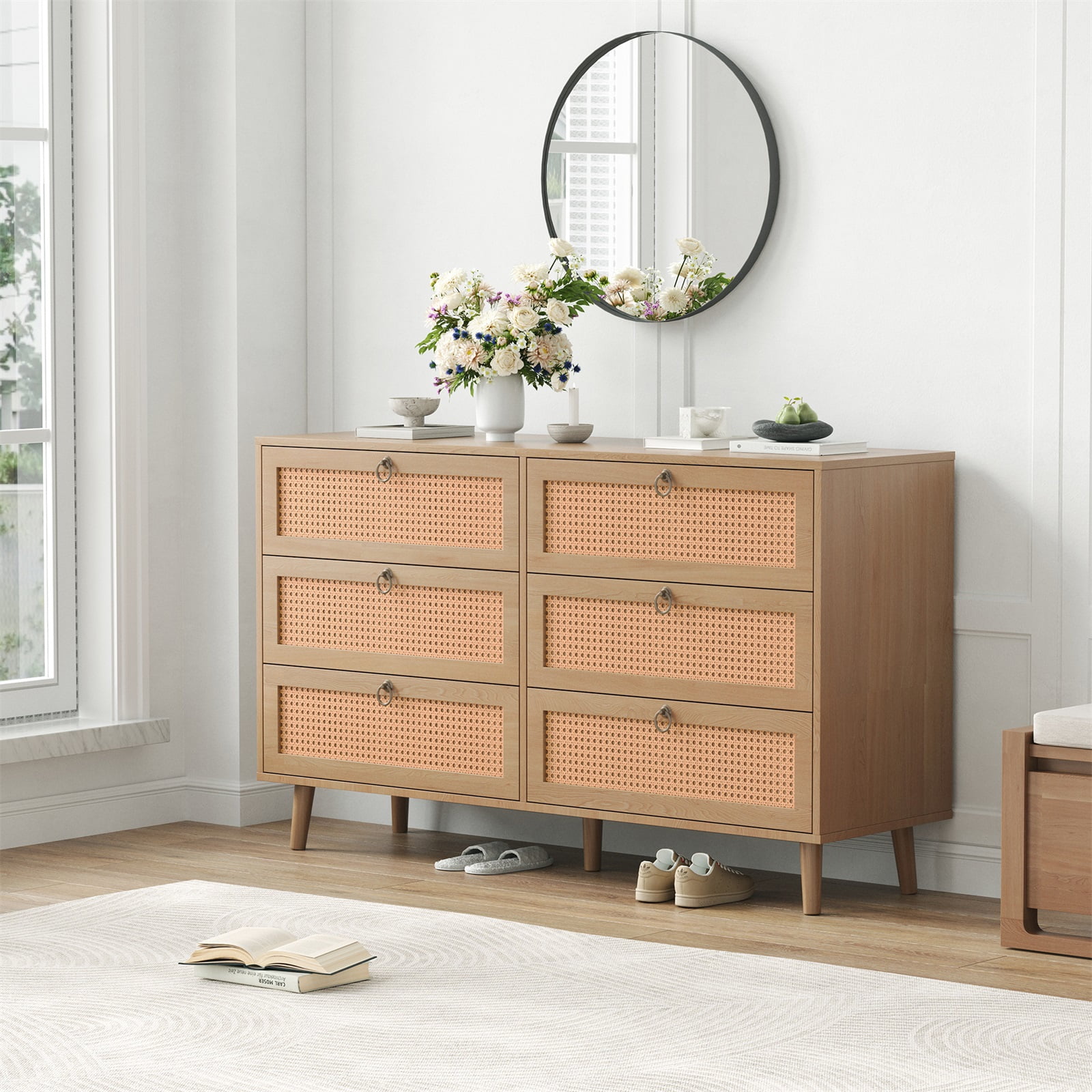 Hommoo Rattan 6 Drawer Double Dresser, Modern Storage Cabinet Chest of Drawers for Home, Vintage