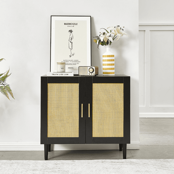 Hommoo Rattan Storage Side Cabinet, Side Panel Buffet Cabinet with Adjustable Shelves, Modern Console Cabinet, Black