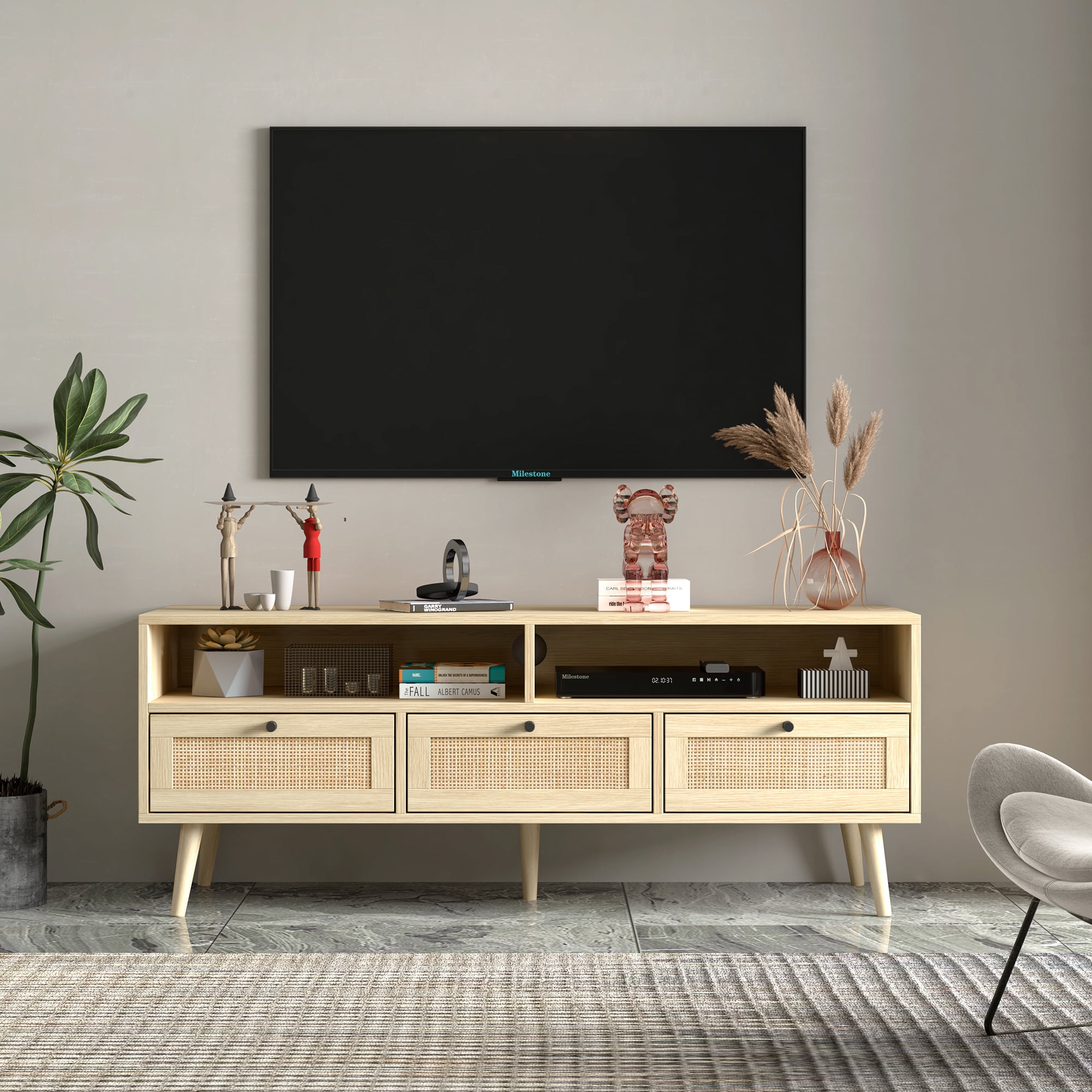 Hommoo Rattan TV Stand with Solid Wood Feet, TV Storage Shelf Cabinet, Modern TV Console Table for Home and Office, Natural