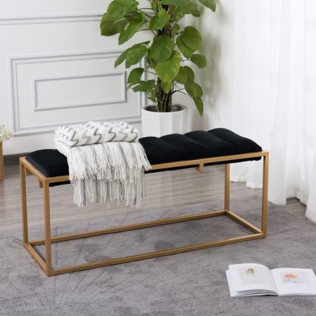 Hommoo Rectangular Velvet Ottoman with Metal Base, Upholstered Tufted Bench forLiving Room Bedroom Home Office, Black