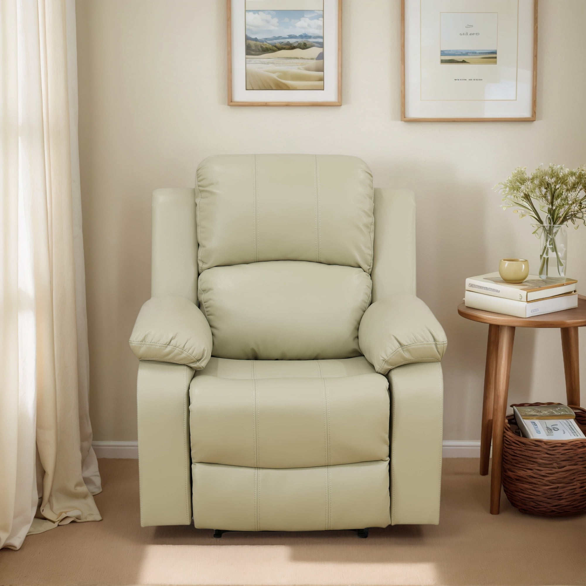 Hommoo Recycled Leather Manual Recliner Chairs for Living Room & Home Theater, Reclining Lounge Chair 160° Recline, Beige
